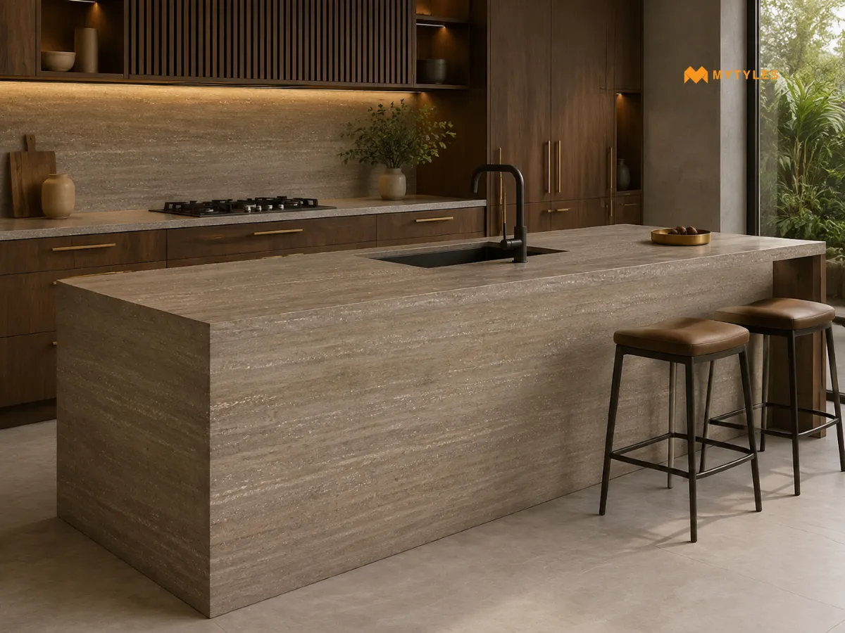 Vitrified Brown Slab Countertop Tile in Kitchen